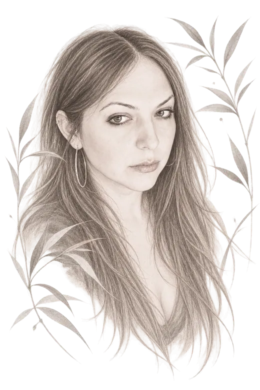 Pencil portrait of Vanessa Depraute, framed by leaves